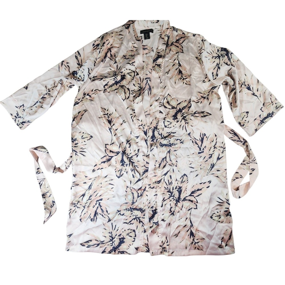 House of Harlow 1960 Robe Women Medium Pink Navy Leaf Print Satin Belted Pockets